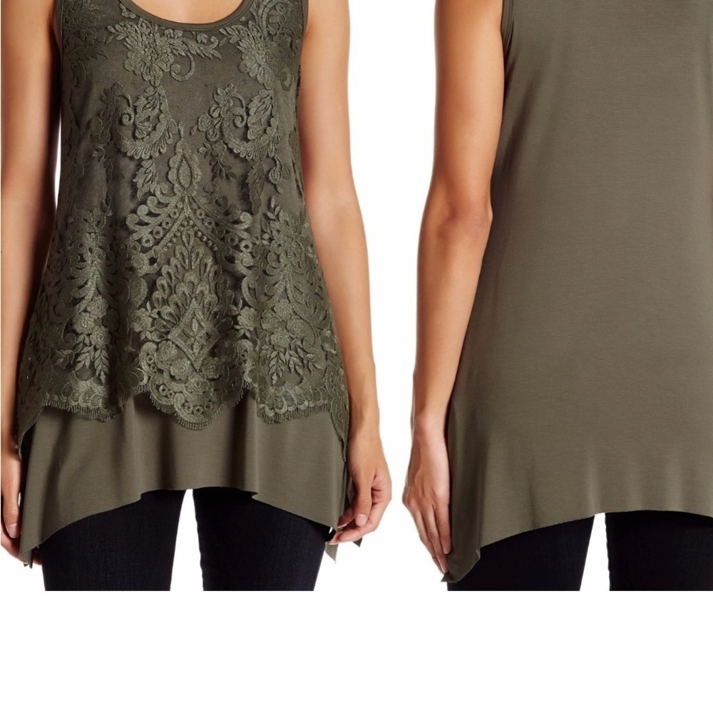 Karen Kane Olive Green Stretch Jersey Knit Overlay Women's Tunic